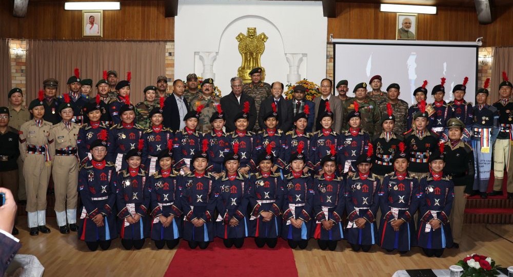 Governor La Ganesan along with CM Neiphiu Rio, NCC officials, Band Cadets, and other officials during the felicitations of NCC Band Cadets at Raj Bhavan, Kohima on February 23 . (Photo Courtesy: PRO Raj Bhavan)